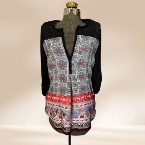 Anthropologie Weston Crochet Lace Tunic Top Blouse 3/4 Sleeve Black Boho Size M